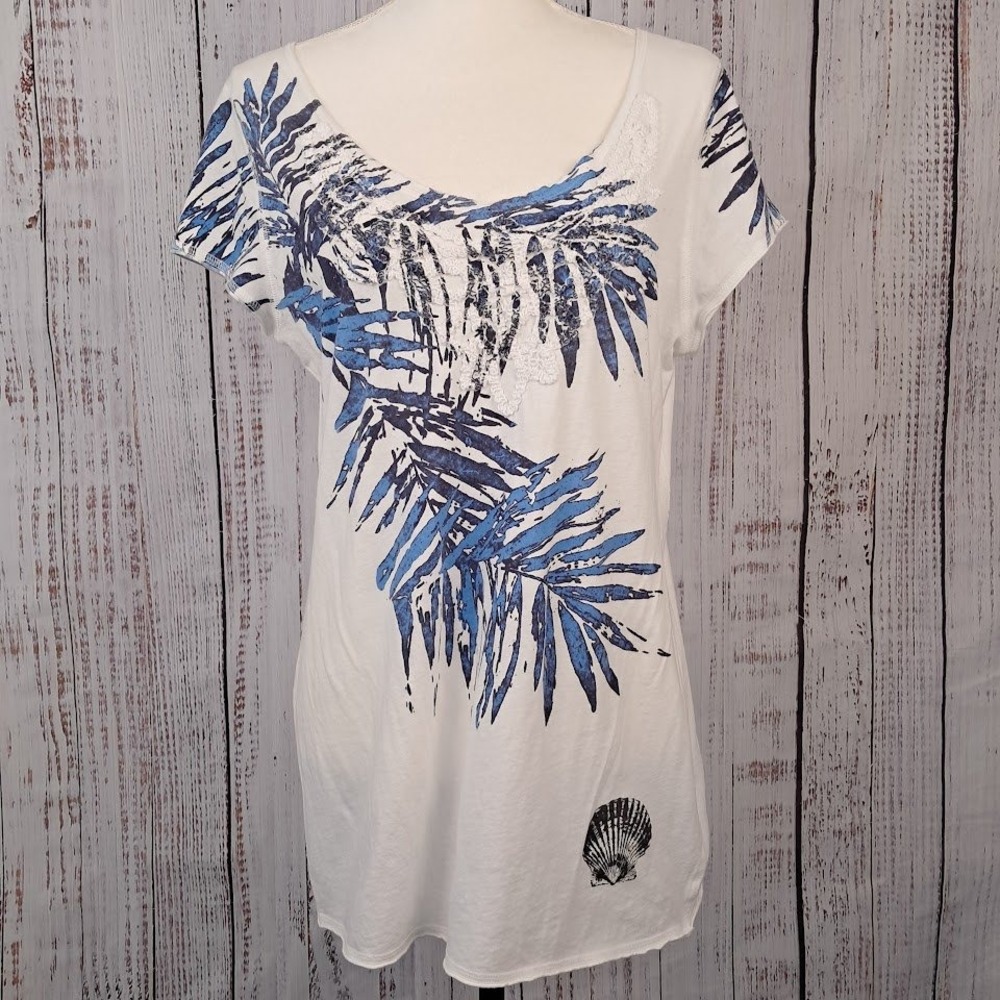 KAREN BY KAREN‎ KANE XL White Blue Palm Leaf Tropical Textured Graphic Tee USA